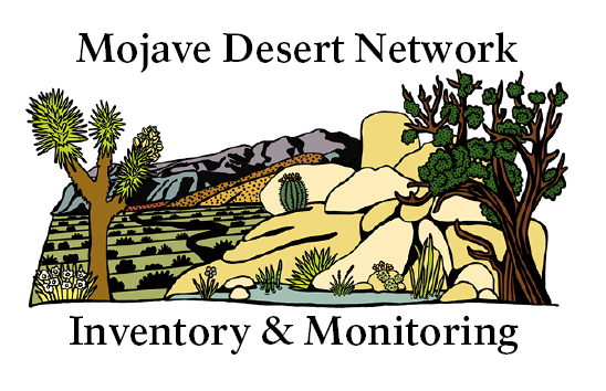 MOJN_Logo_Color_Draft Logo of Mojave Desert Network showing a desert landscape with Joshua tree, cacti, white pine, shrubs, rocks and distant mountains