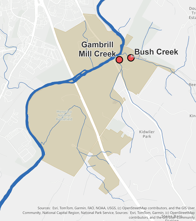 Map showing location of biological stream survey sites and rivers and streams at Monocacy National Battlefield.