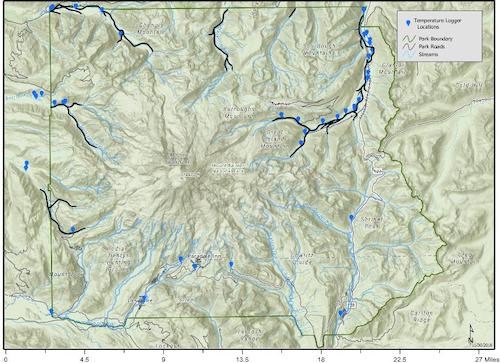 Cold water habitat map. A map of Mount Rainier National Park with streams on the north and west side of the park outlined in black with blue markers along the streams indicating the locations of temperature loggers.