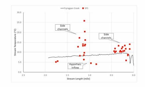 Flight data of Fryingpan Creek. A graph of stream length (mile) vs stream temperature (deg C) highlighting two clusters of red dots labeled "Side channels". Several red dots under the black line representing the river are labeled "hyporheic inflow".