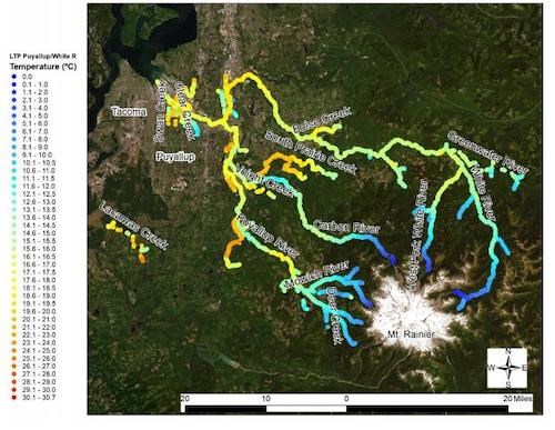Stream temperatures around Mount Rainier. Map of Mount Rainier showing the streams on the north side of the mountain. The headwaters are shaded blue, fading to green-yellow downstream to indicate warmer temperatures further from the mountain.