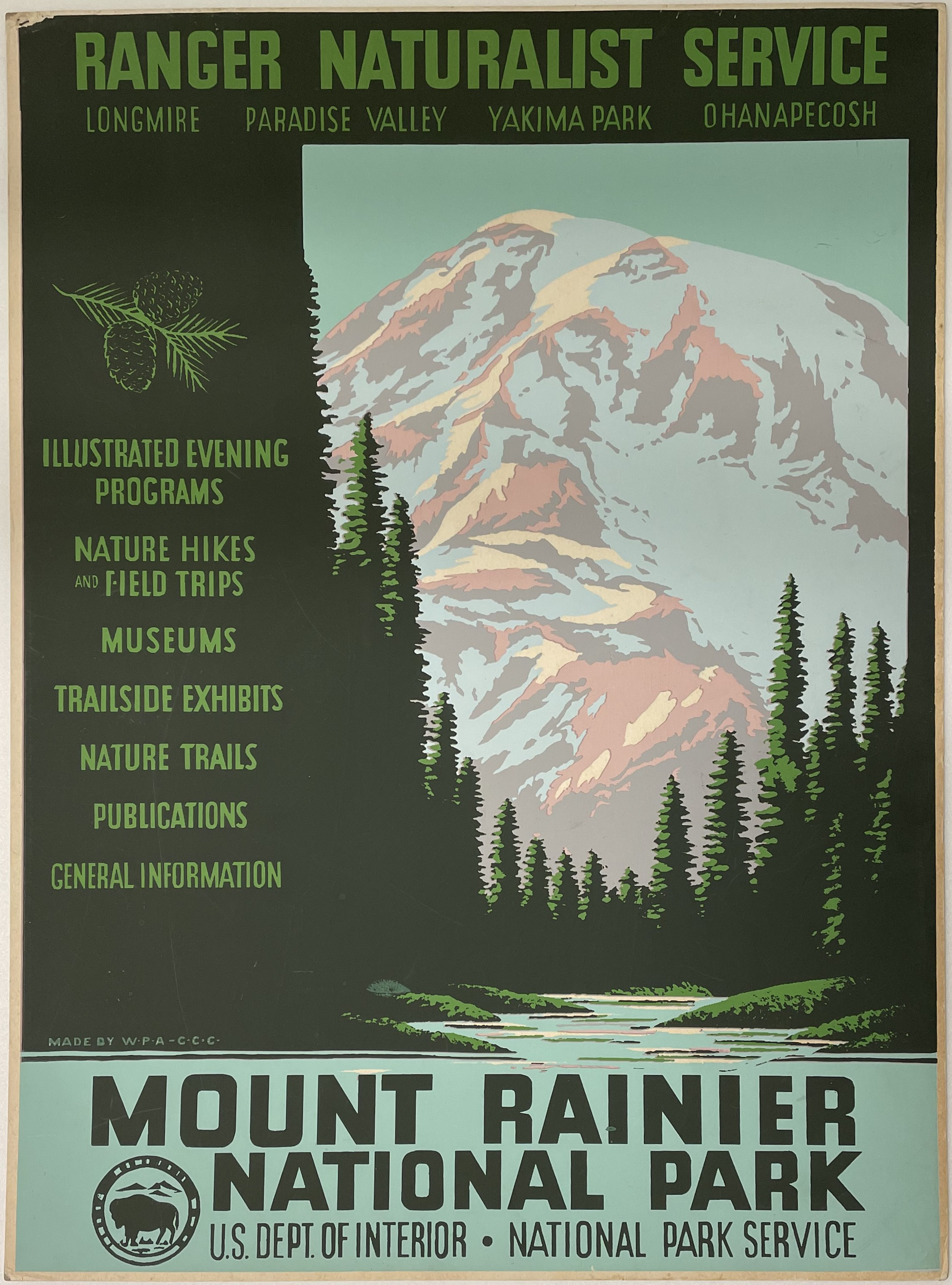 Poster with large snowy mountain with trees at its base