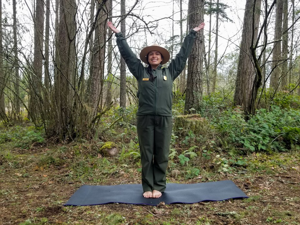 Mount Rainier Yoga: Erupting Volcano Pose A ranger stands with a yoga pose with arms up.