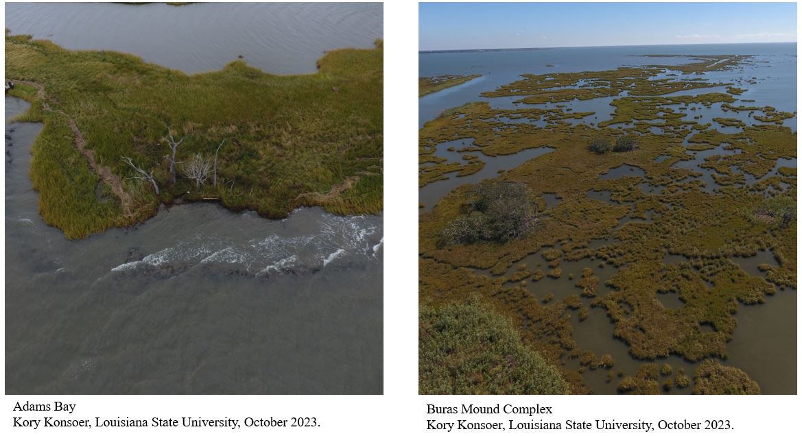 Two images, side by side, of grassy land surrounded by water with a motor operated boat in each picture