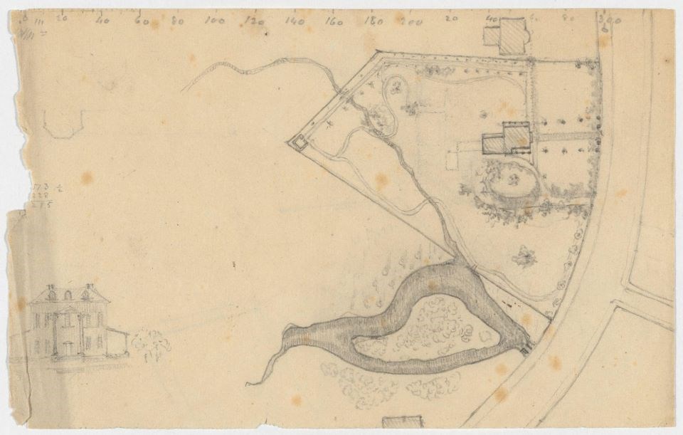 MS Am 1340 (159) Hand-drawn map in pencil of house with paths and stream across back of property