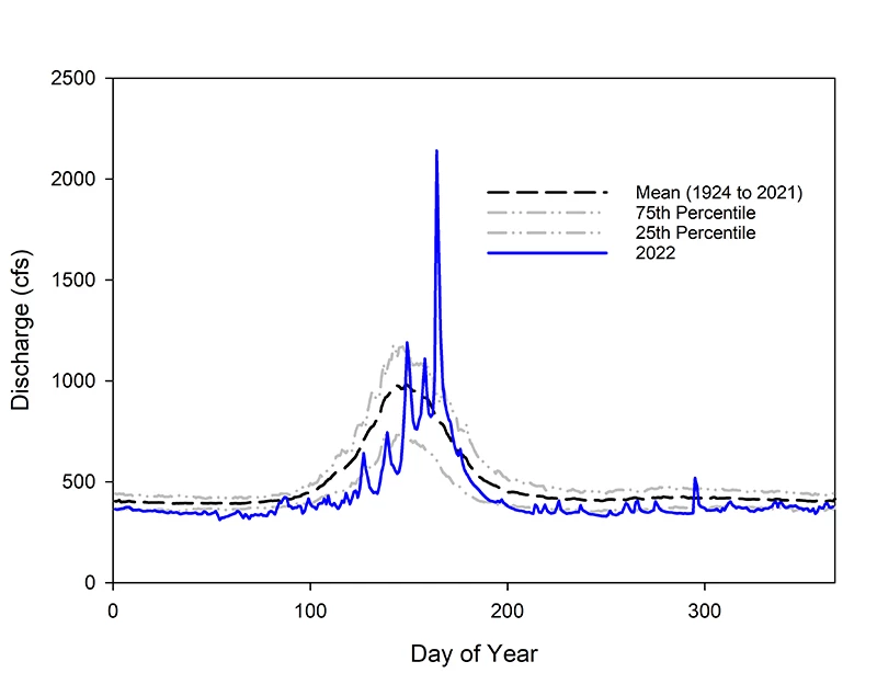 Water flow graph Line graph of water discharge showing a strong peak above the long-term average in June.
