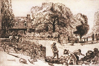 Mahonri Young, Joe Knoche Builds a Stone Wall, A sketch of three men building a stone wall with a house in the background.