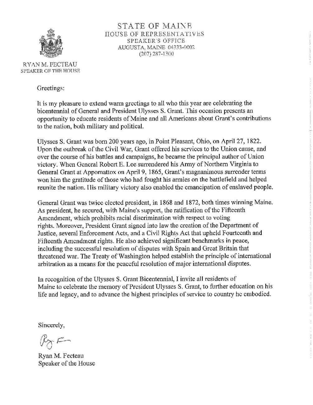 Message from Maine honoring the 200th birthday of Ulysses S Grant.