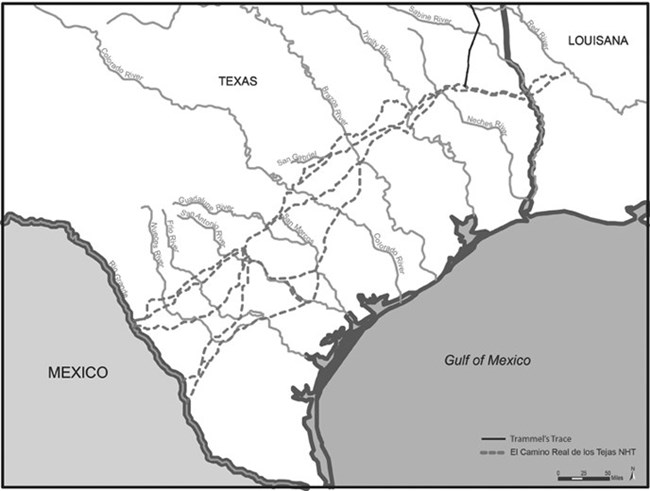 A map of southeast Texas depicting a number of rivers draining into the Gulf of Mexico.