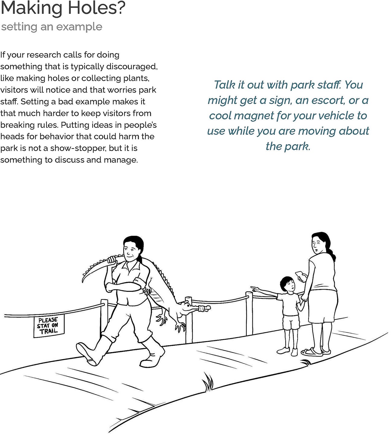 Making Holes? a page with the title "Making Holes?" featuring text and an illustration of a woman carrying an alligator over her shoulder while walking down a path. A shocked woman holds the hand of a boy, who is pointing at the alligator