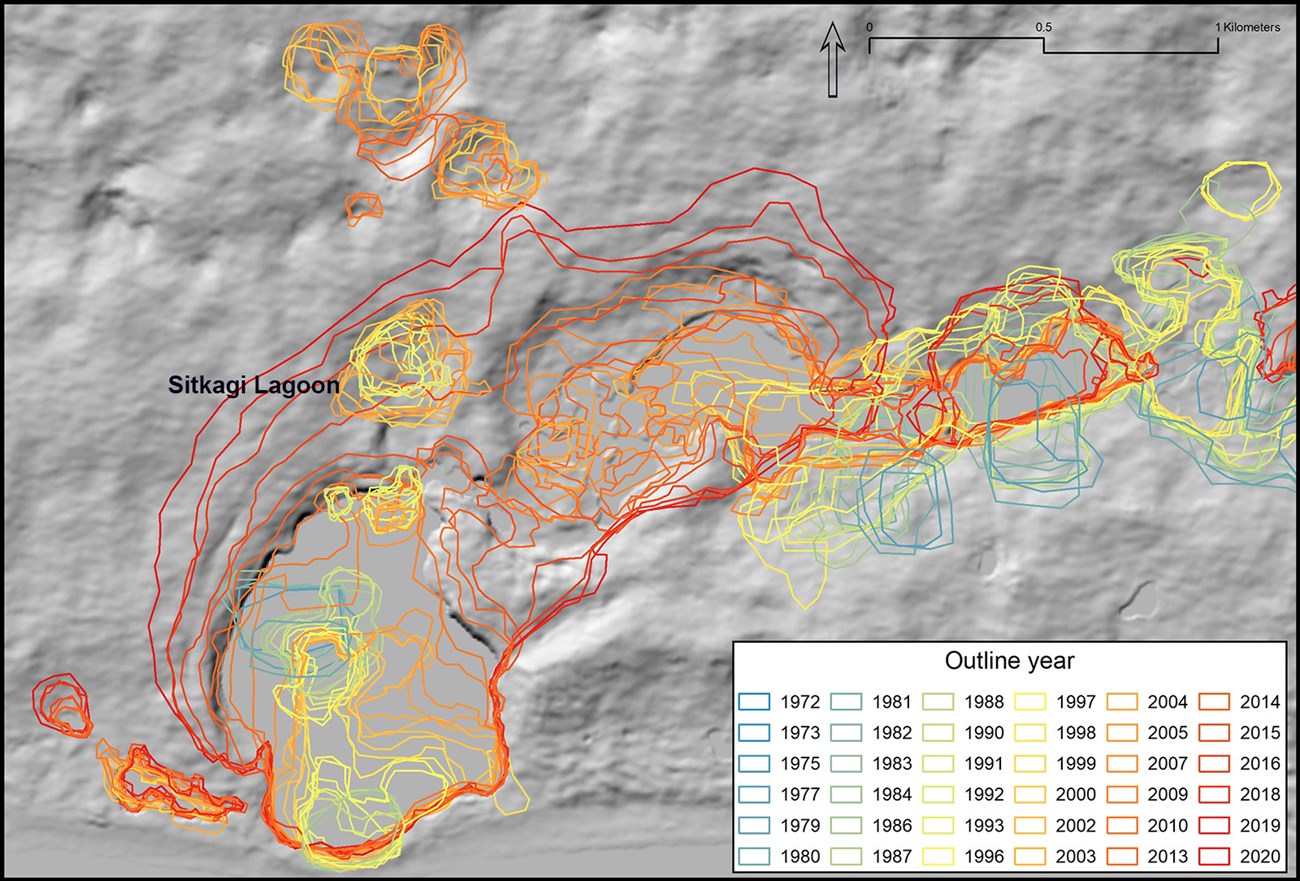 Malaspina lakes sitkagi closeup_web Map showing the expansion over time in a glacier lagoon.