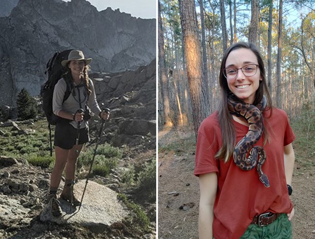 Left a woman in hiking gear standing on a mountain. Right, a woman in red shirt with a large snake around her neck