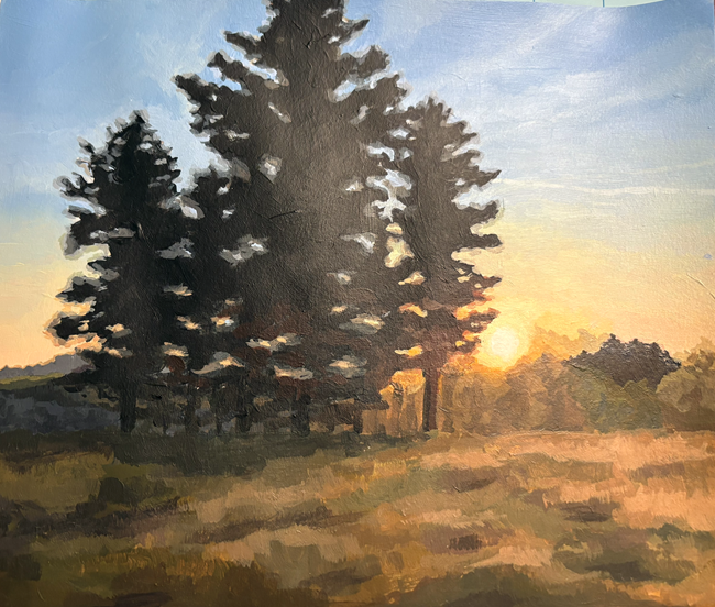 Painting of a sunrise coming up behind shadowed pine trees.