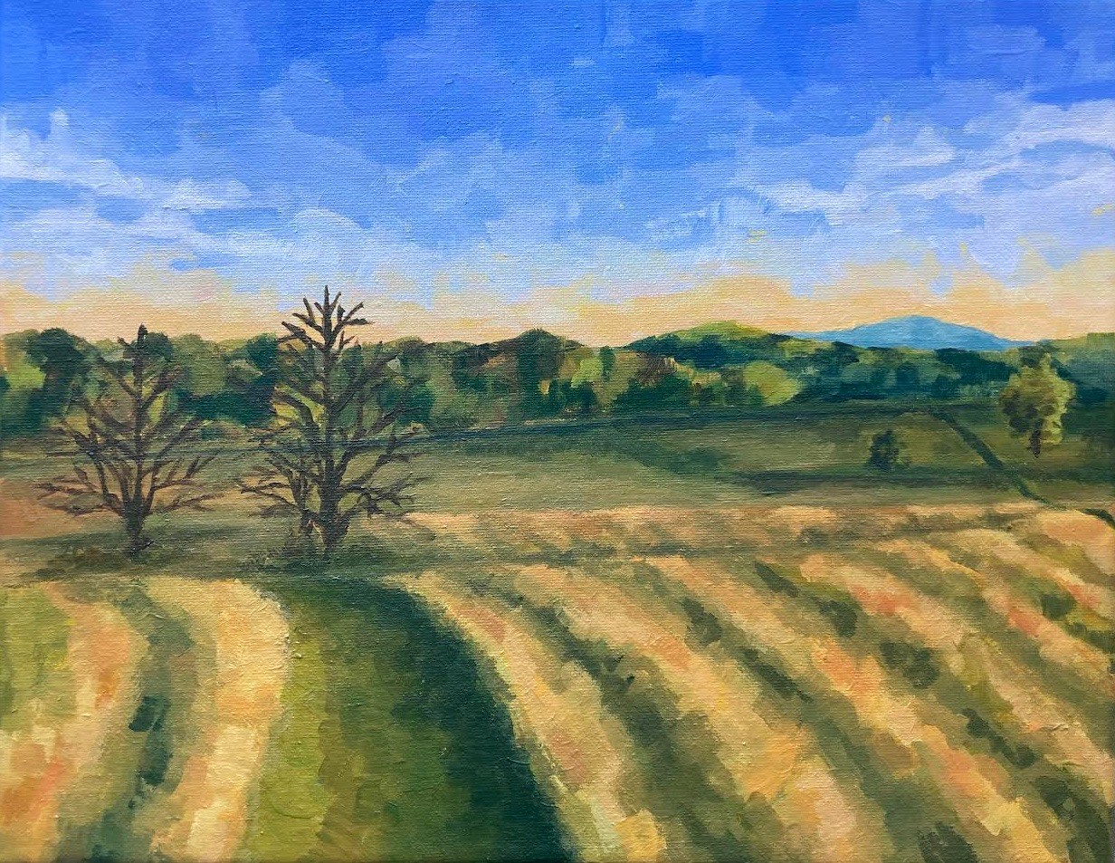 painting of meadow fields, trees, and mountains.