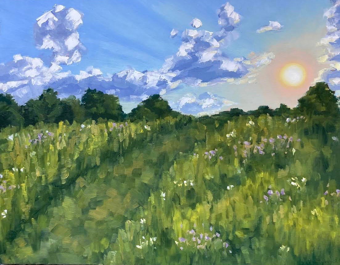 painting of a grassy hill surrounded by tress and the sun hangs overhead.