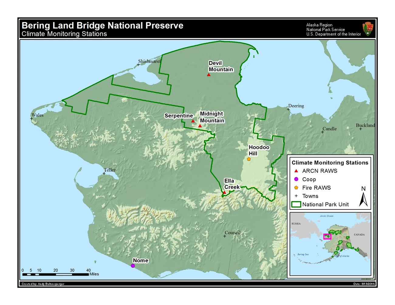Map showing climate monitoring stations in Bering Land Bridge NP. Stations North to south are Devil Mountain, Serpentine, Midnight Mountain, Hoodoo Hill, Ella Creek