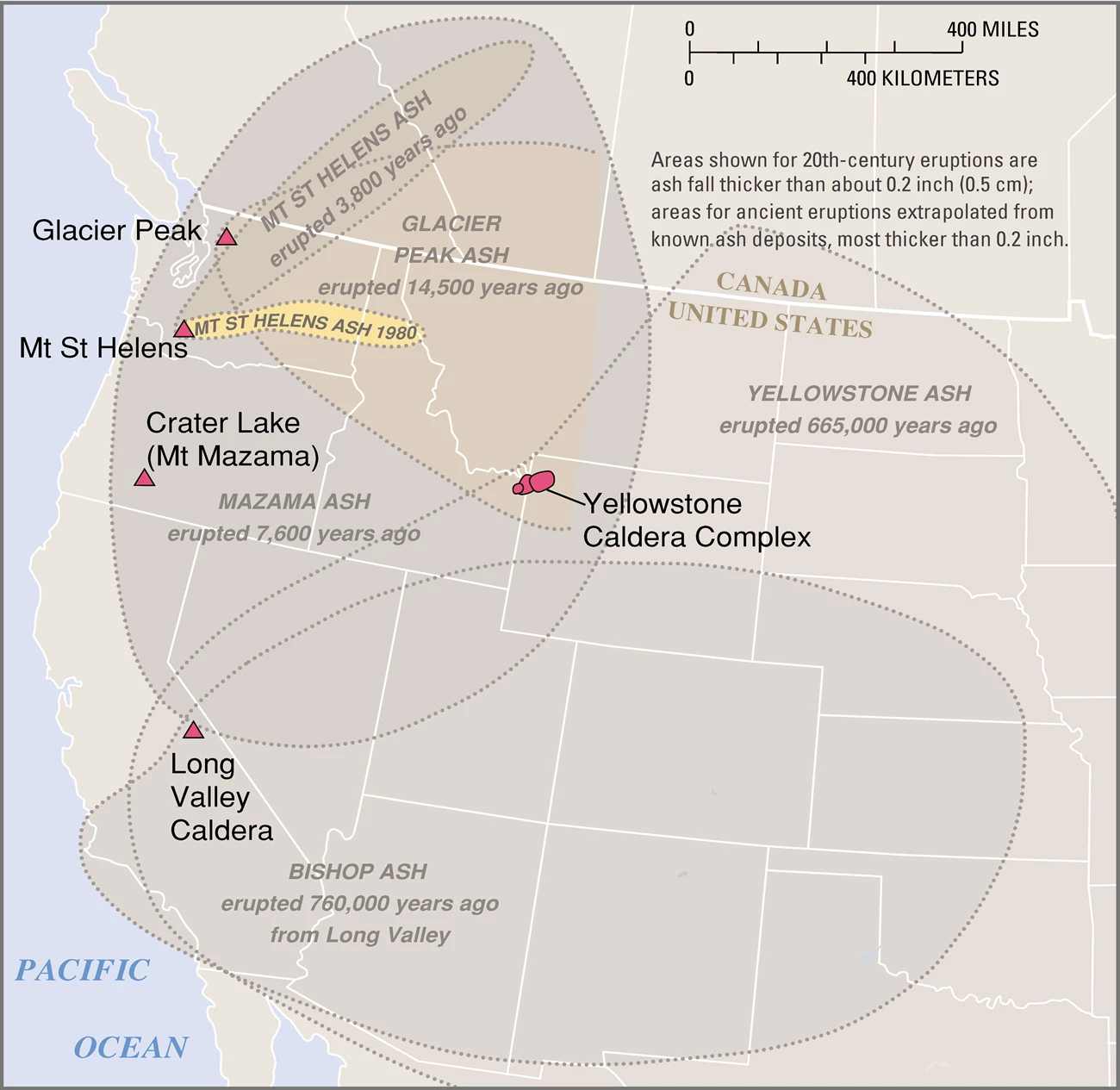 Map figure fs027-00-edited map of the western U.S. showing several overlapping multi-state regions that were effected by ashfall from 5 different volcanic centers