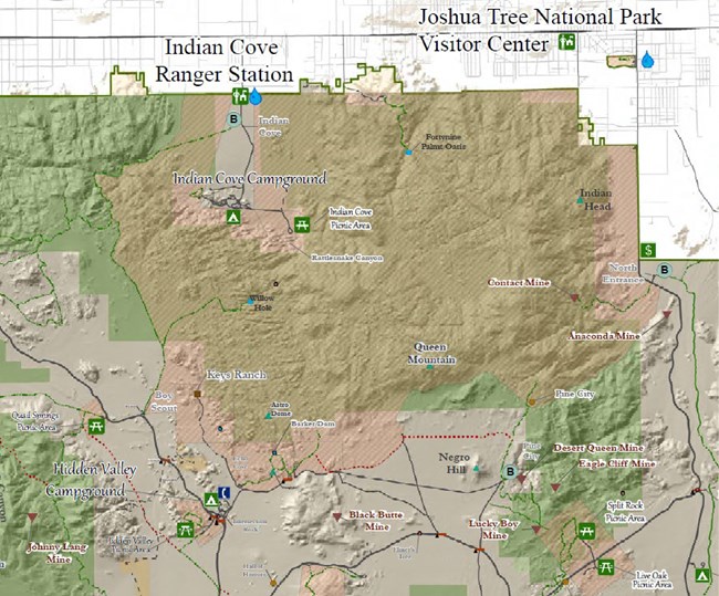 A map of the north-central part of the park with the Indian Cove Ranger Station and Joshua Tree National Park Visitor Center highlighted.