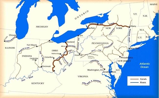 Map of the northeastern United States with canals shown in brown; the Great lakes, Atlantic Ocean and rivers are in blue.