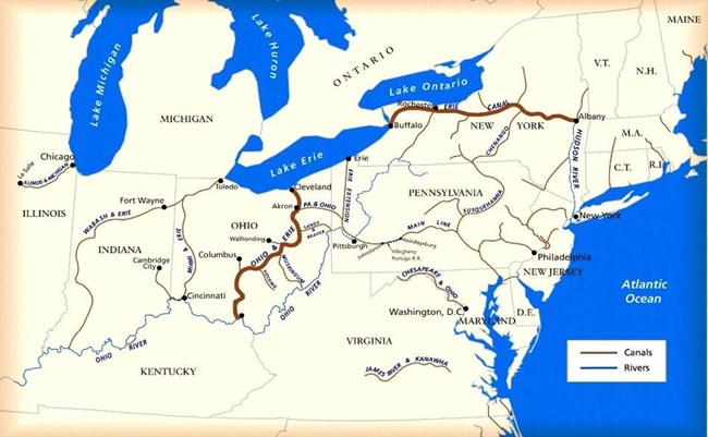 Map of the northeastern United States with canals shown in brown; the Great lakes, Atlantic Ocean and rivers are in blue.