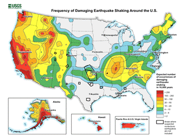 Map of Earthquakes Map showing the predicted frequency of damaging earthquake shaking (USGS, undated).