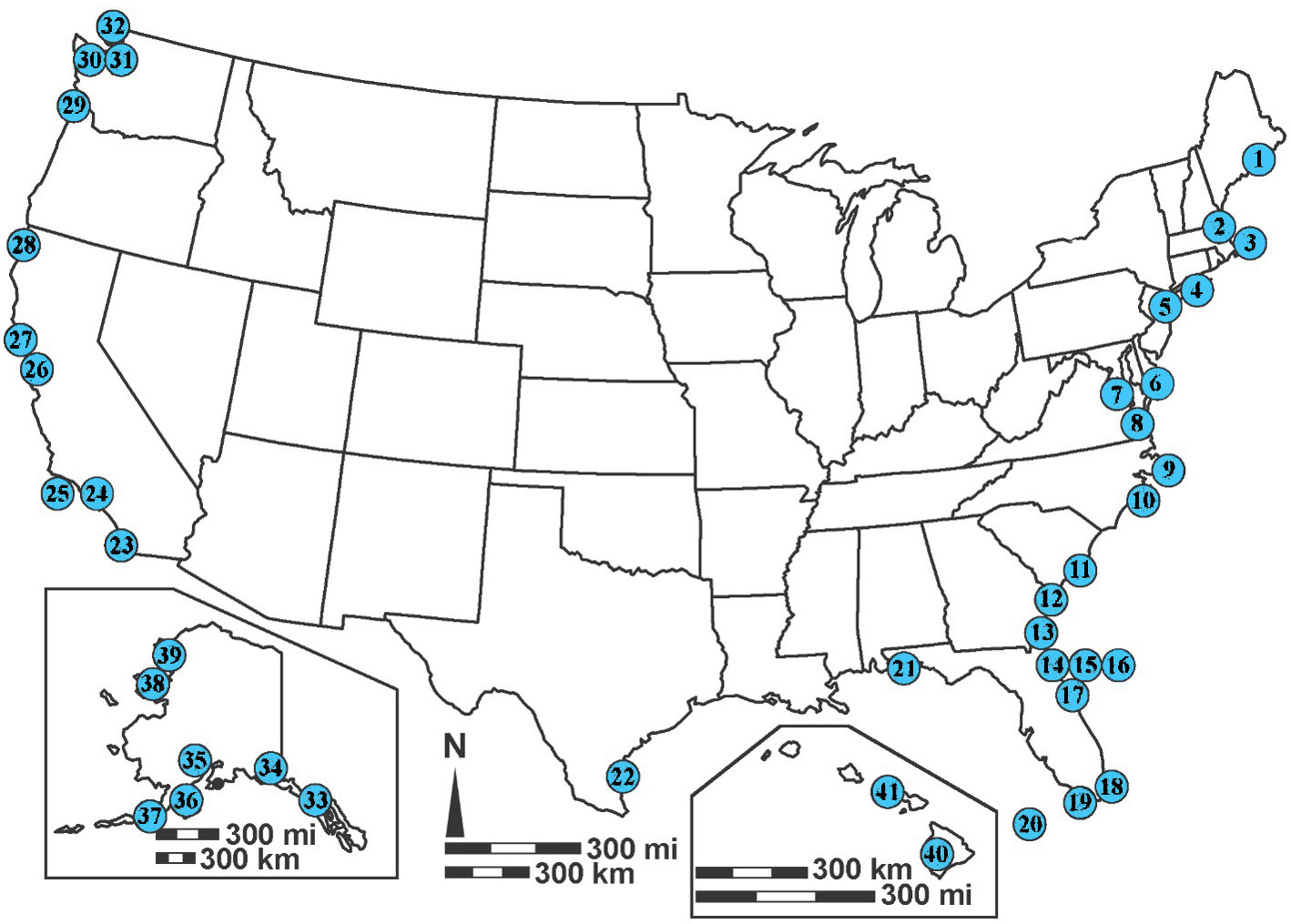 U.S. map showing 41 numbered coastal national park units distributed along the Atlantic, Pacific, Gulf of Mexico, Alaska, and Hawaii shorelines. Most sites are concentrated on the East Coast. Alaska and Hawaii are shown in inset maps; includes scale bars.