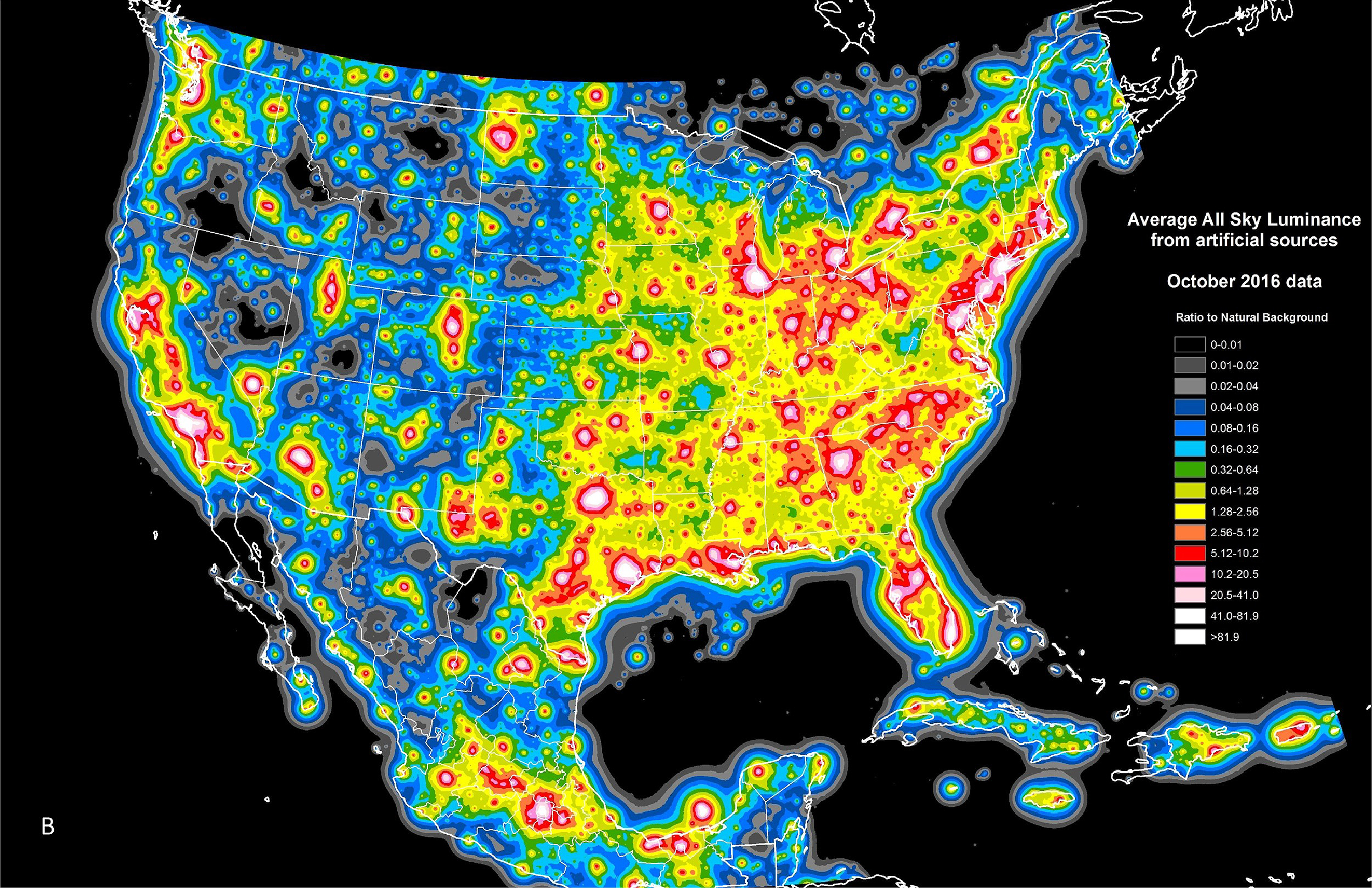 Map of the United States with the eastern half having many yellow and red-colored areas, while the western half has mostly blue and black-colored areas. On the right is a legend that shows which brightness values the different colors represent.