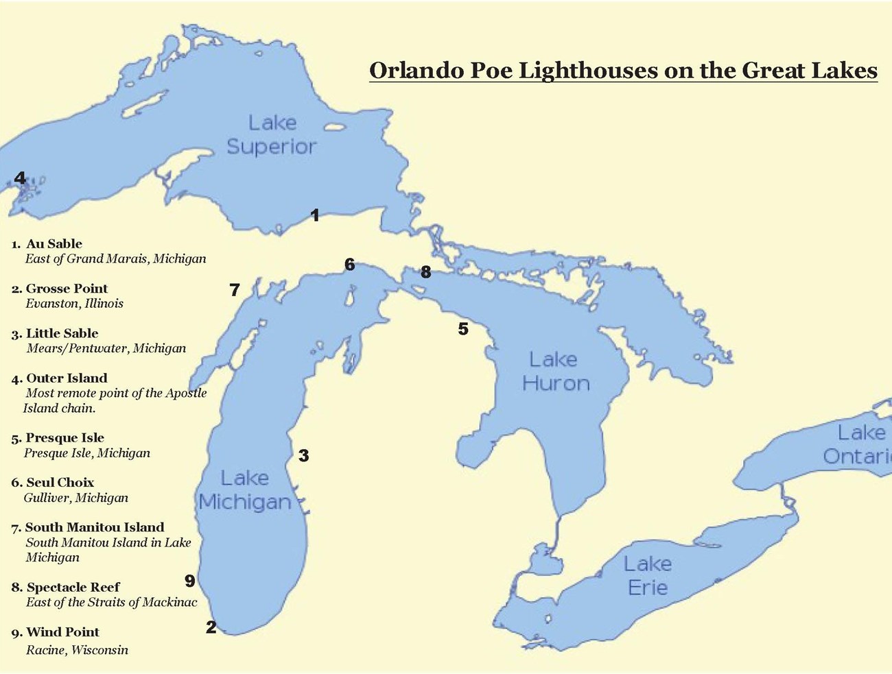 Map of the state of Michigan with Orlando Poe's lighthouses labeled in numbers around the map.