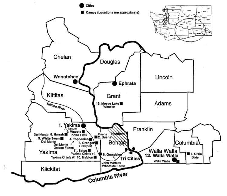 Map of Reported Farm Worker Camps by County for the years 1948 to 1951 Line drawing with 2 maps. Small map of Washington in upper corner with an oval in the lower center to show area for big map, which shows 12 counties in divided into irregular shapes with names counties. Dots represent camp locations.