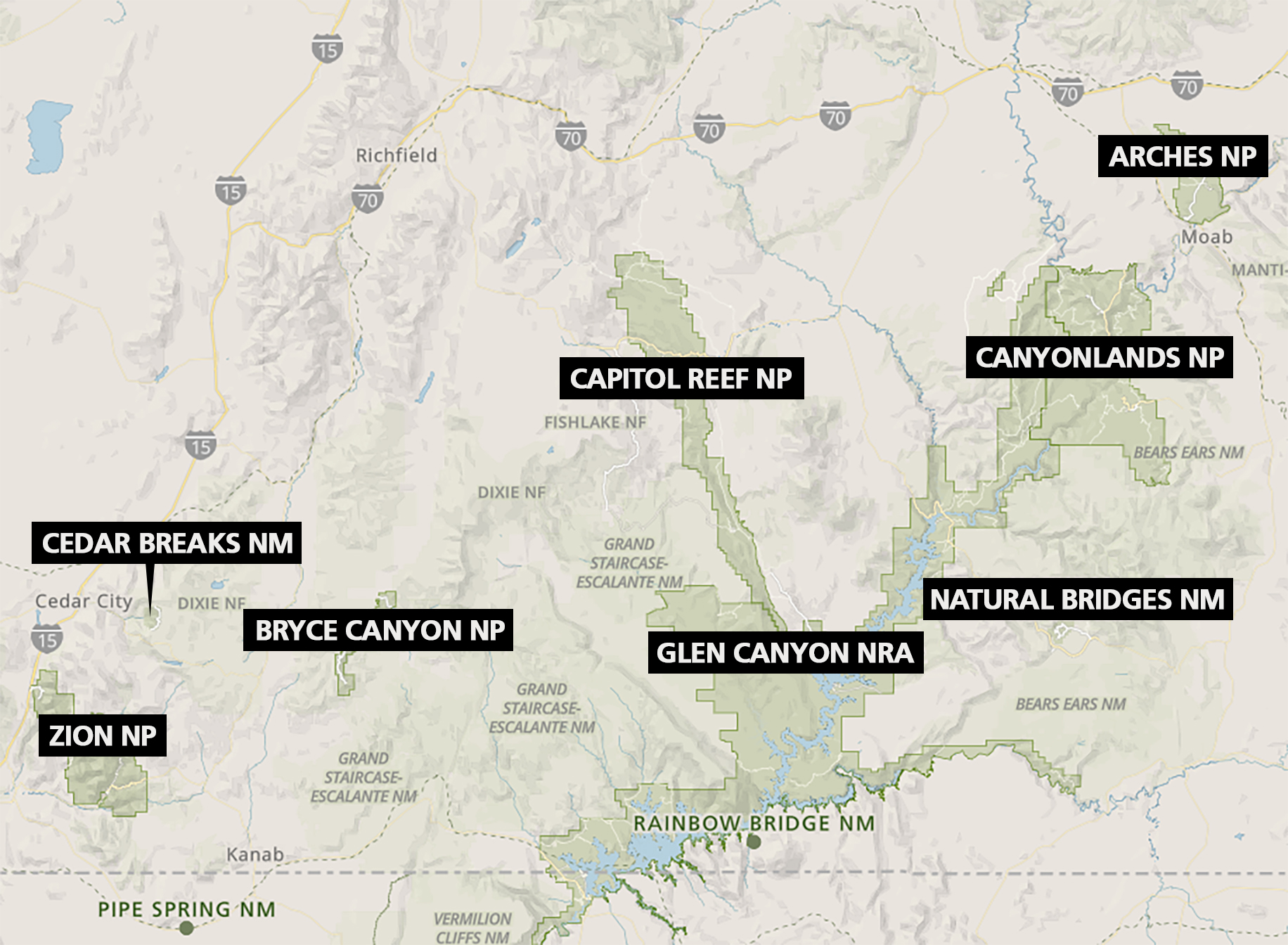Map of national park sites in southern utah. West to east: Zion National Park, Cedar Breaks National Monument, Bryce Canyon National Park, Capitol Reef National Park, Glen Canyon National Recreation Area, Canyonlands National Park, Arches National Park
