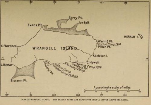 A map of Wrangel Island. Various Points are labeled, as are locations of the expedition party's camps. "Winter Camp 1922-23," "Main Camp," "Hunting Camp," and "Karluk Camp 1914" are located along the south shore.