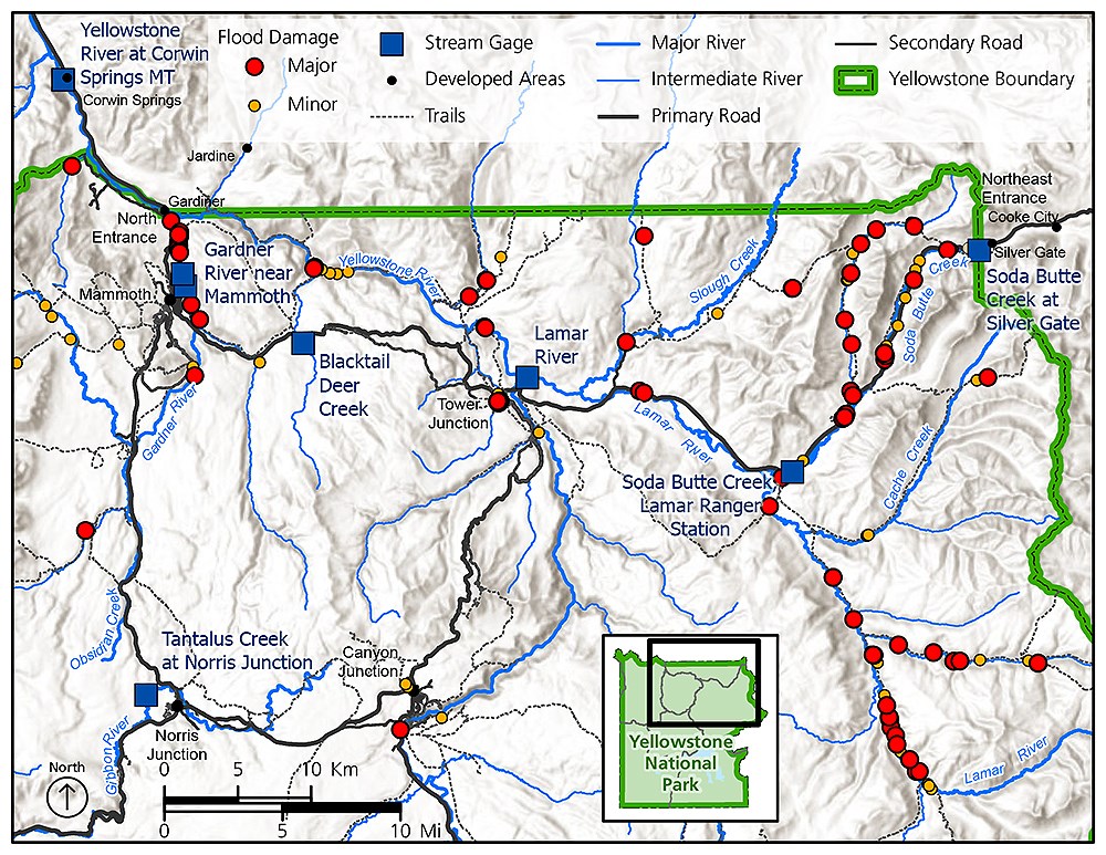 Map of Yellowstone showing flood damage