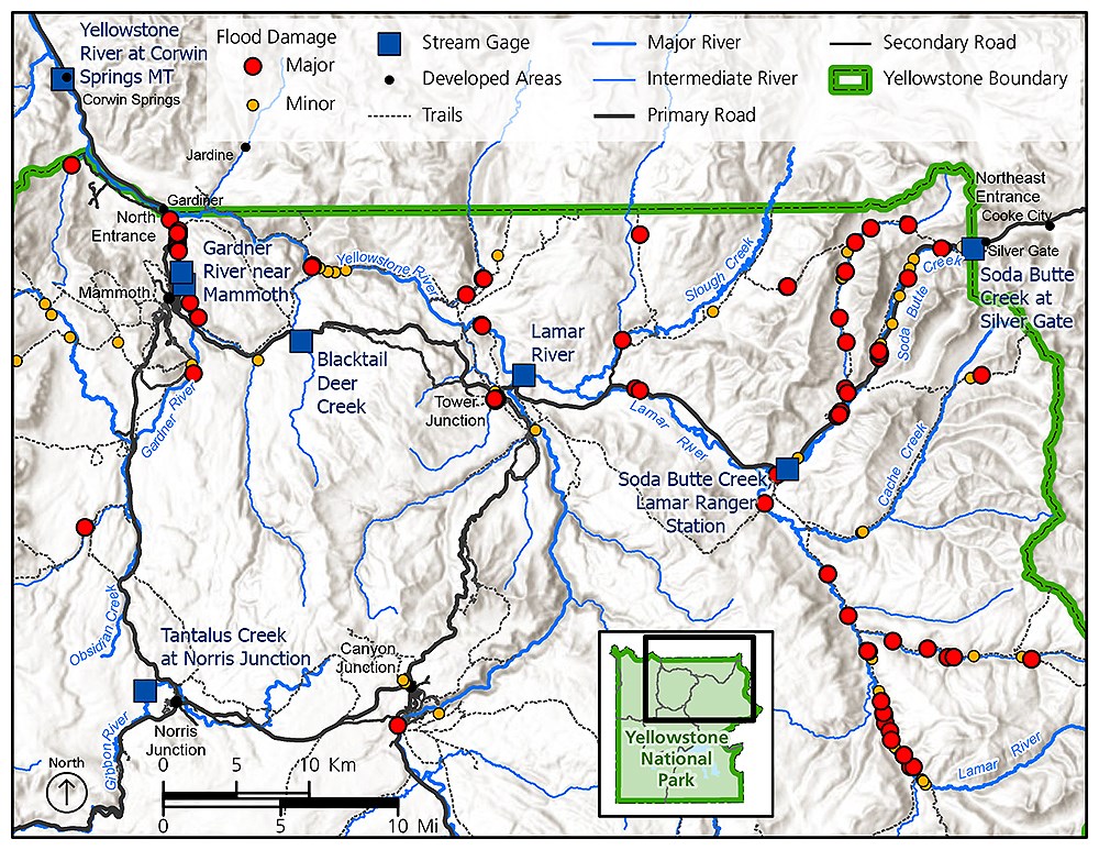 Map of Yellowstone showing flood damage Map of Yellowstone showing flood damage