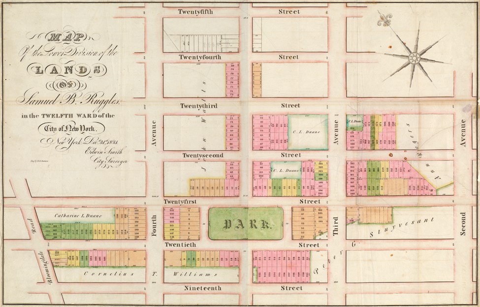 A drawing of a map of the New York City grid. The map is tan with green, pink, yellow, and orange color-coded lots. These lots are marked with numbers. The caption in the top left corner reads: “Map of the Lower Division of the Lands of Samuel B. Ruggles
