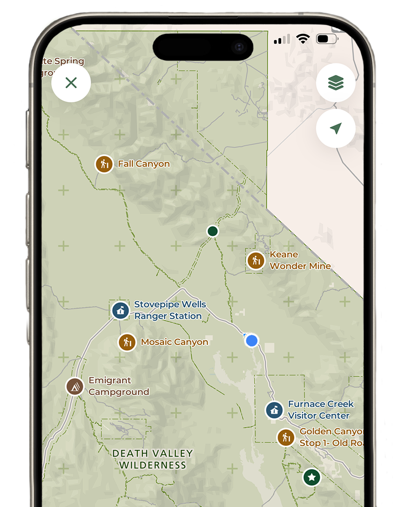 Part of the map of Death Valley on the NPS App, including the users location which is shown with a blue dot.