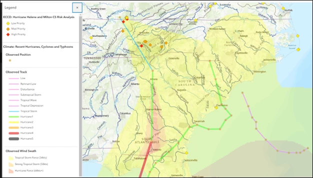 Figure C: Map with predicted level of risk of hurricane impacts on contaminated sites in NPS units Map of the southeastern United States depicting predicted level of risk of hurricane impacts on contaminated sites in NPS units