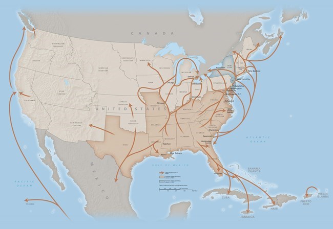 A United States map showing the differing routes that freedom seekers would take to reach freedom.