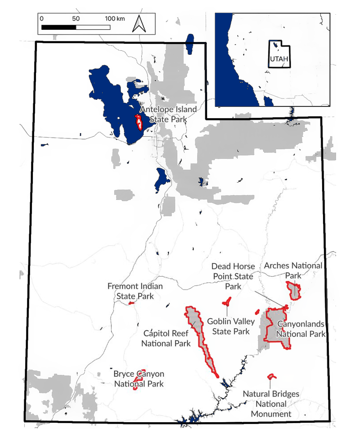 Utah study area Map of Utah with nine parks outlined in red. Most are clustered in the southeast corner of the state, except for Antelope Island State Park in the north-central part. An inset shows Utah relative to the western U.S., right in the center.