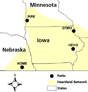 Map of parks in the northern part of the Heartland Network A map showing Homestead NHP in southeast Nebraska, Pipestone NM in southwest Minnesota, and Herbert Hoover NHS in eastern central Iowa.