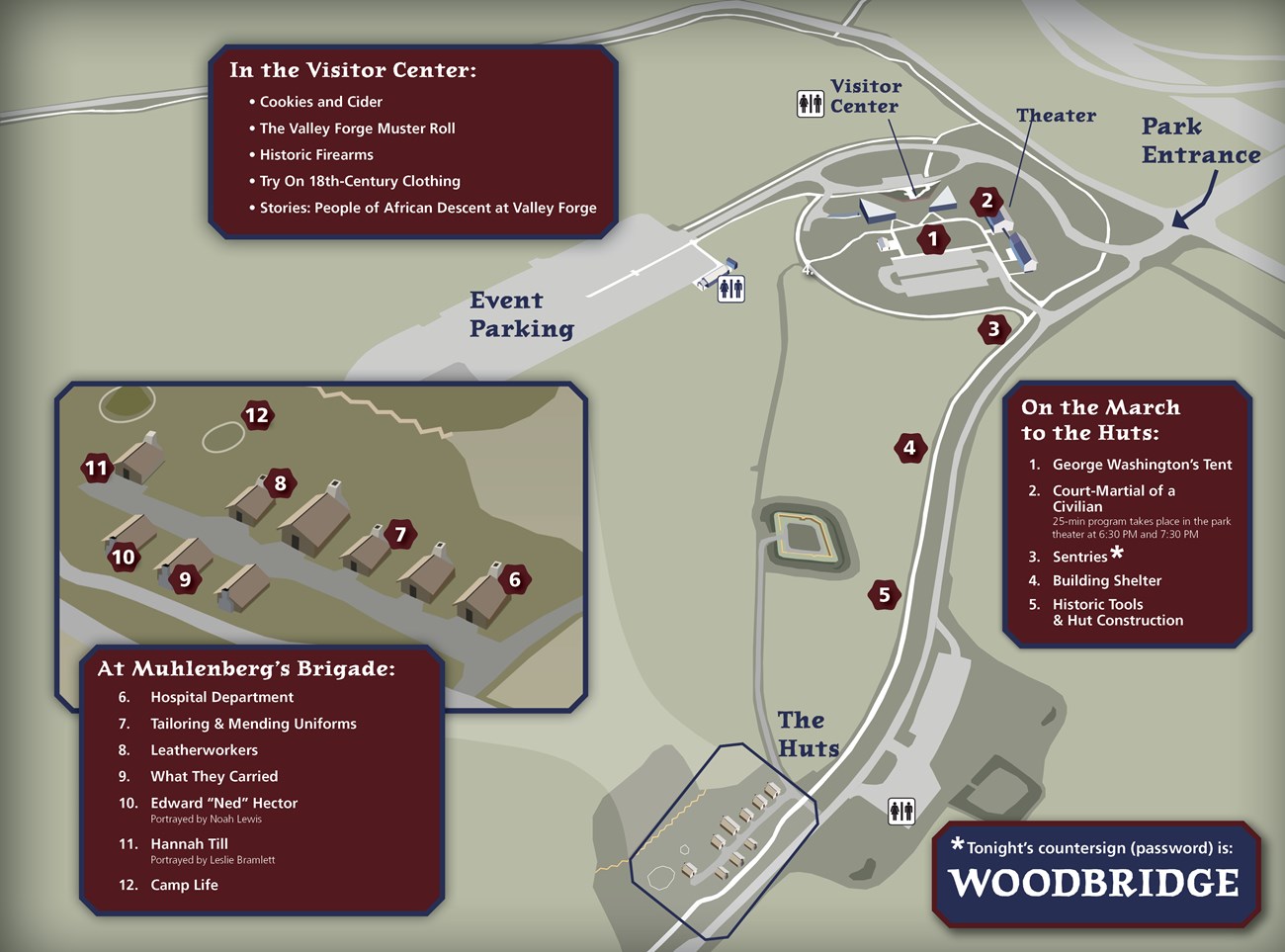 March-In 2024 Activities Map Map graphic showing roads and park entrance, event parking lot, the meeting room, theater, and Mini Grand Parade. Text boxes describe activities that correspond to numbers on the map.