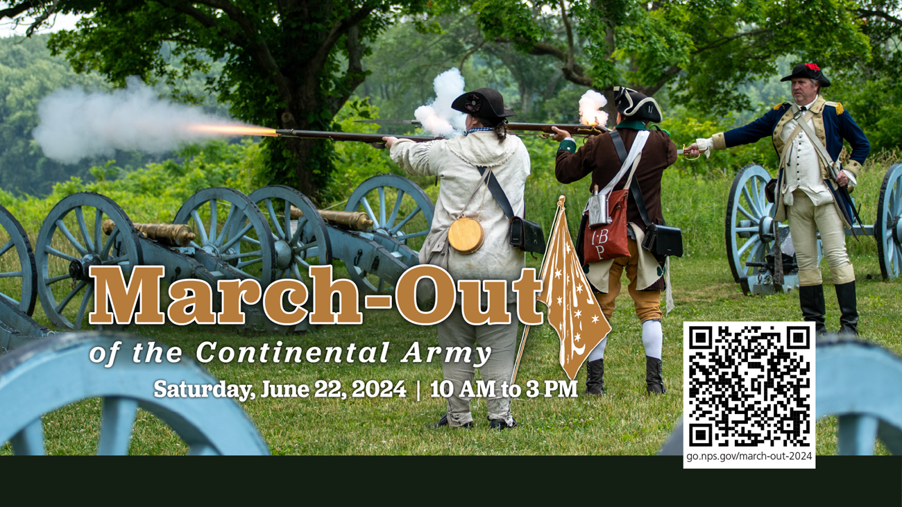 March-Out 2024 Promo Web two soldiers wearing revolutionary war uniforms fire muskets. smoke and fire come out the ends of the guns.