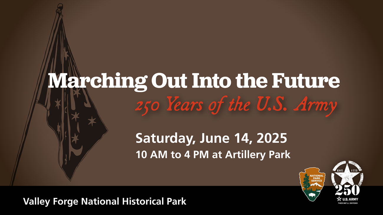 March Out 2025 an illustration of a flag with six pointed stars, the nps logo, and the us army star logo. Text reads Marching Out Into the Future, 250 Years of the U.S. Army