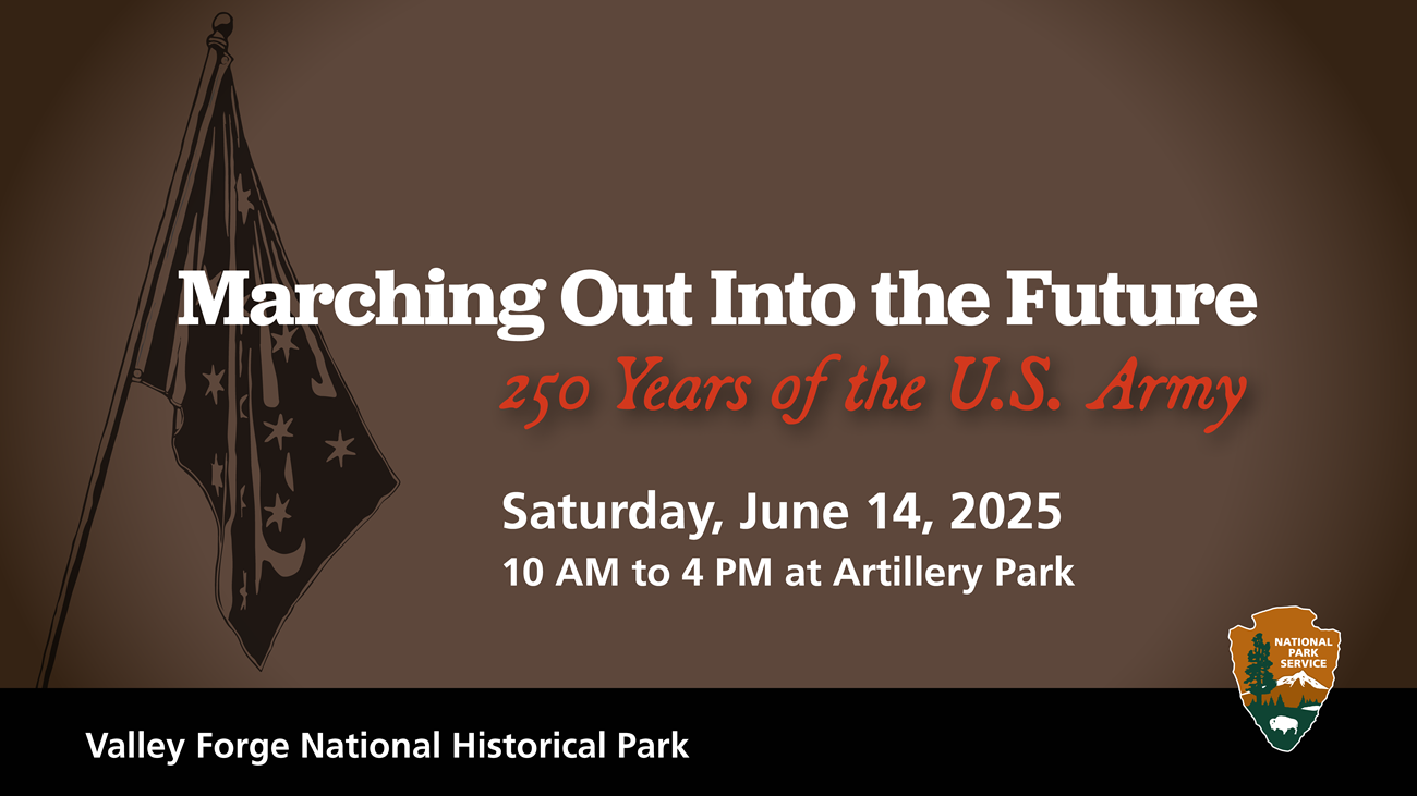 March Out 2025 an illustration of a flag with six pointed stars, the nps logo, and the us army star logo. Text reads Marching Out Into the Future, 250 Years of the U.S. Army
