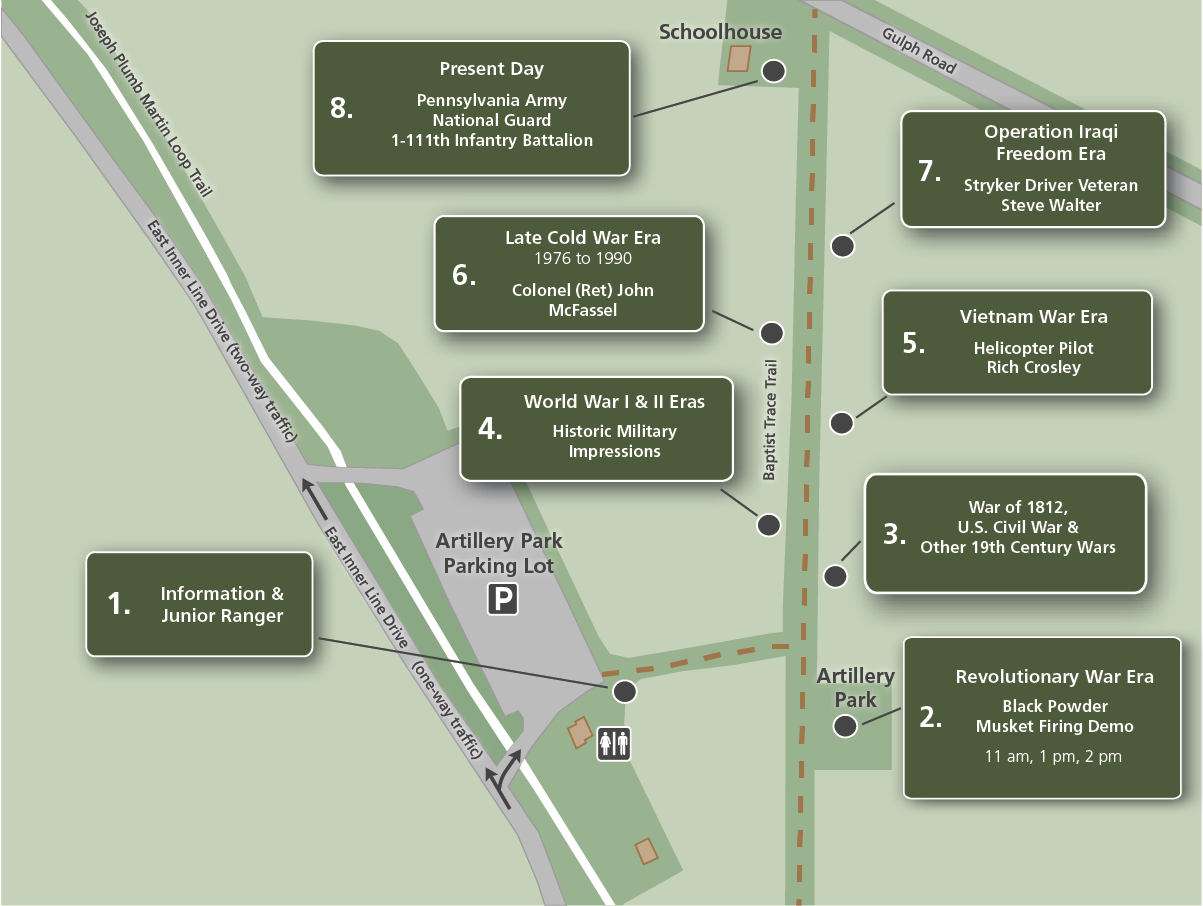 illustrated map showing parking lot and stations marked along the baptist trace trail at artillery park