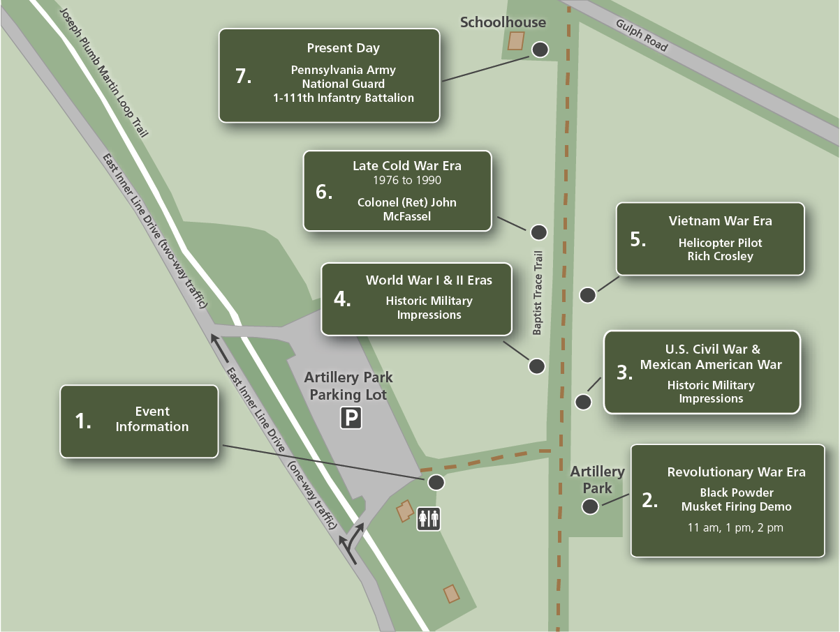 illustrated map showing parking lot and stations marked along the baptist trace trail at artillery park