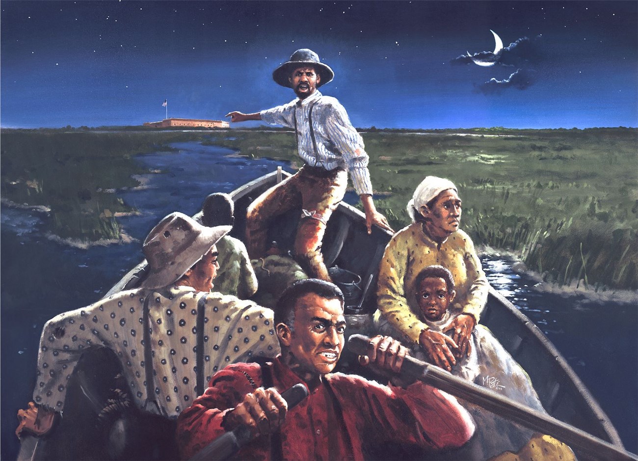 African American Family in row boat at night, fort Pulaski in background