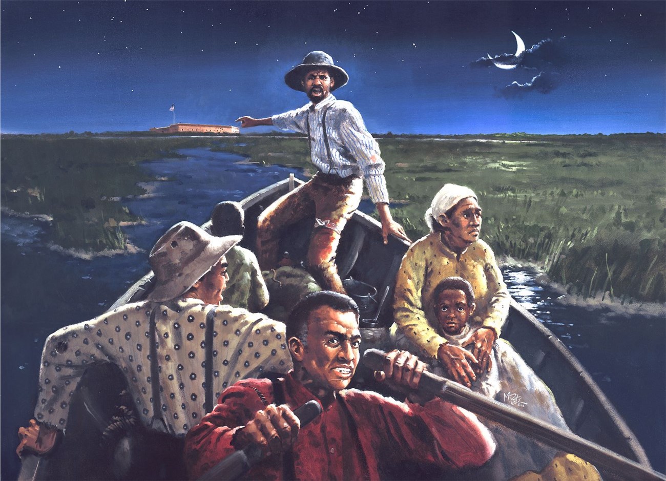 March Haynes Painting Martin Pate African American Family in row boat at night, fort Pulaski in background