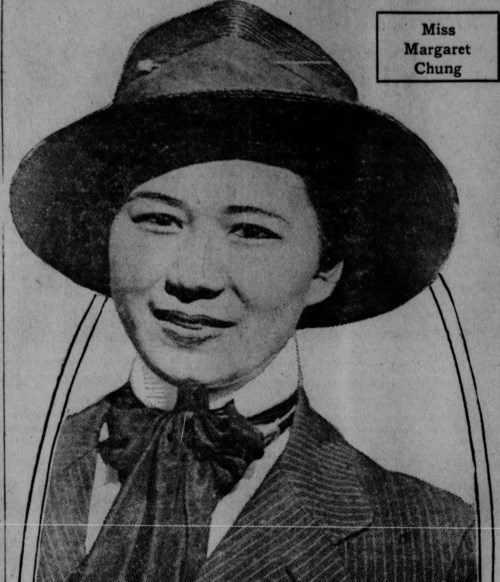 Newspaper photo of Margaret Chung wearing a hat