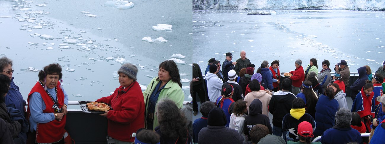 Two photo collage showing Tlingit tribal members preparing an offering at a glacier.