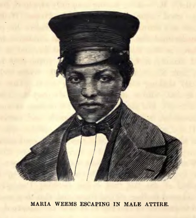 Maria_Weems_Escaping_in_Male_Attire_(page_220_crop) An African-American wearing a fitted jacket, bow tie, and brimmed cap.